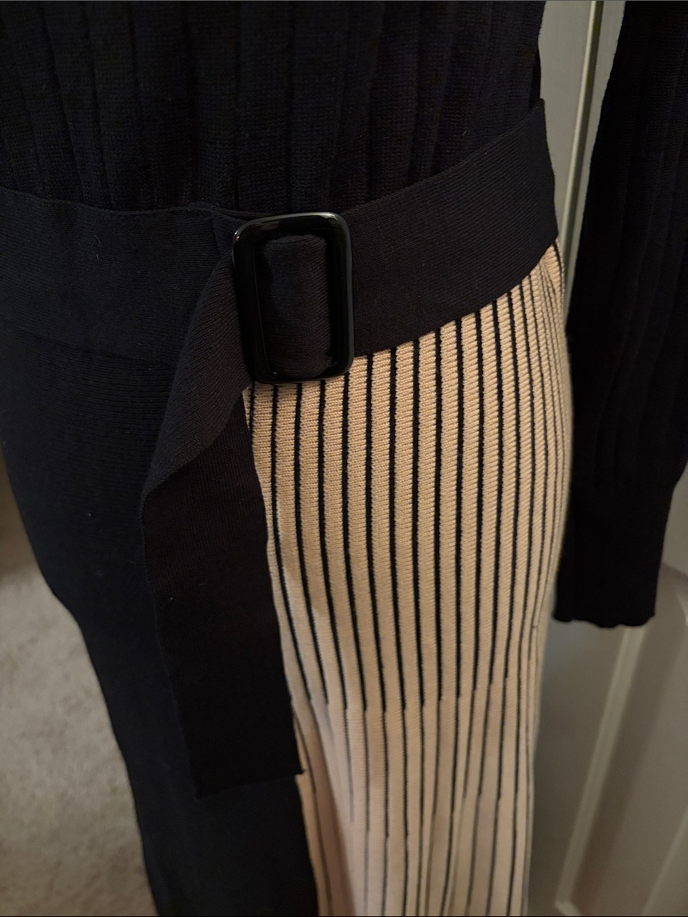 Black Long Sleeve Ribbed Knit Dress with Beige Pleated Side Panel - Picture 4 of 8